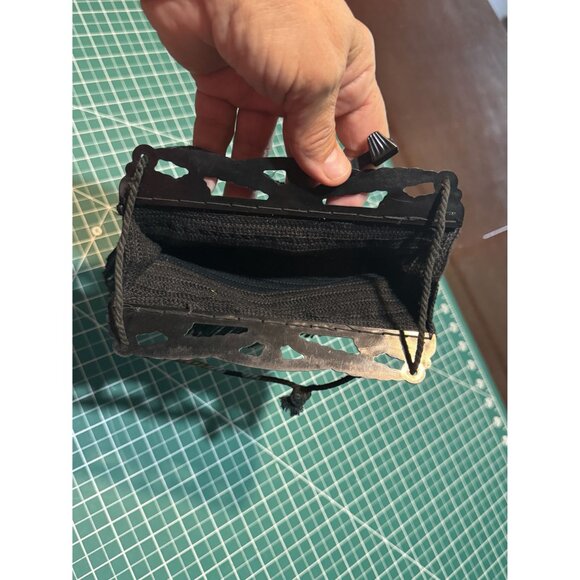 Vintage Black Beaded Fringe Handbag Purse With Cord Handle & Decorative Plastic - Picture 5 of 7